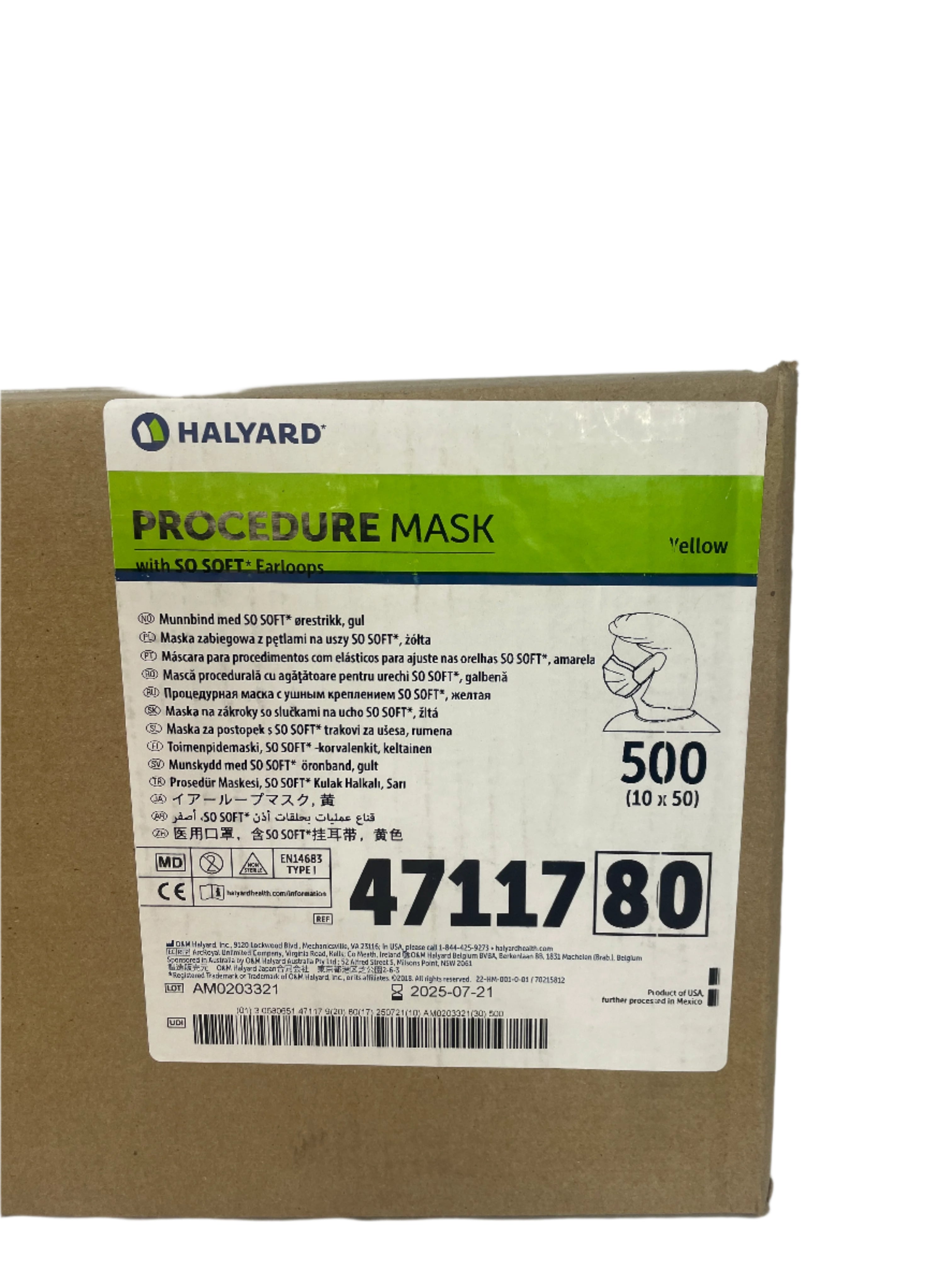 Halyard 47117 80 Procedure Mask 500/Case | Yellow Pleated with Soft Earloops