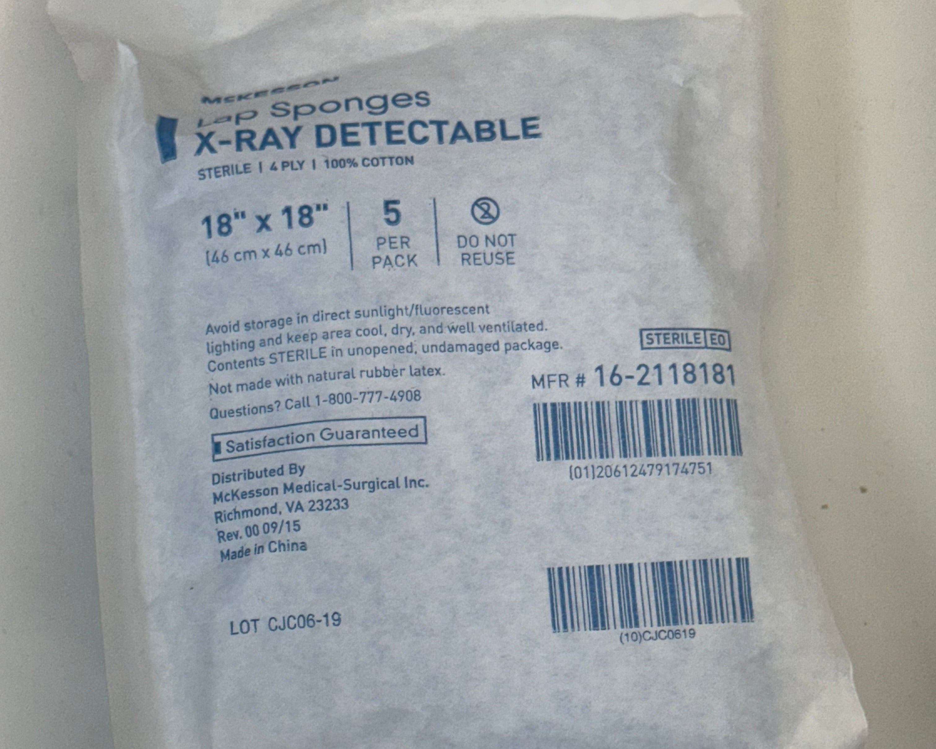 McKesson Lap Sponge 16-2118181, 18" x 18" 4-Ply – Sterile Surgical Sponge