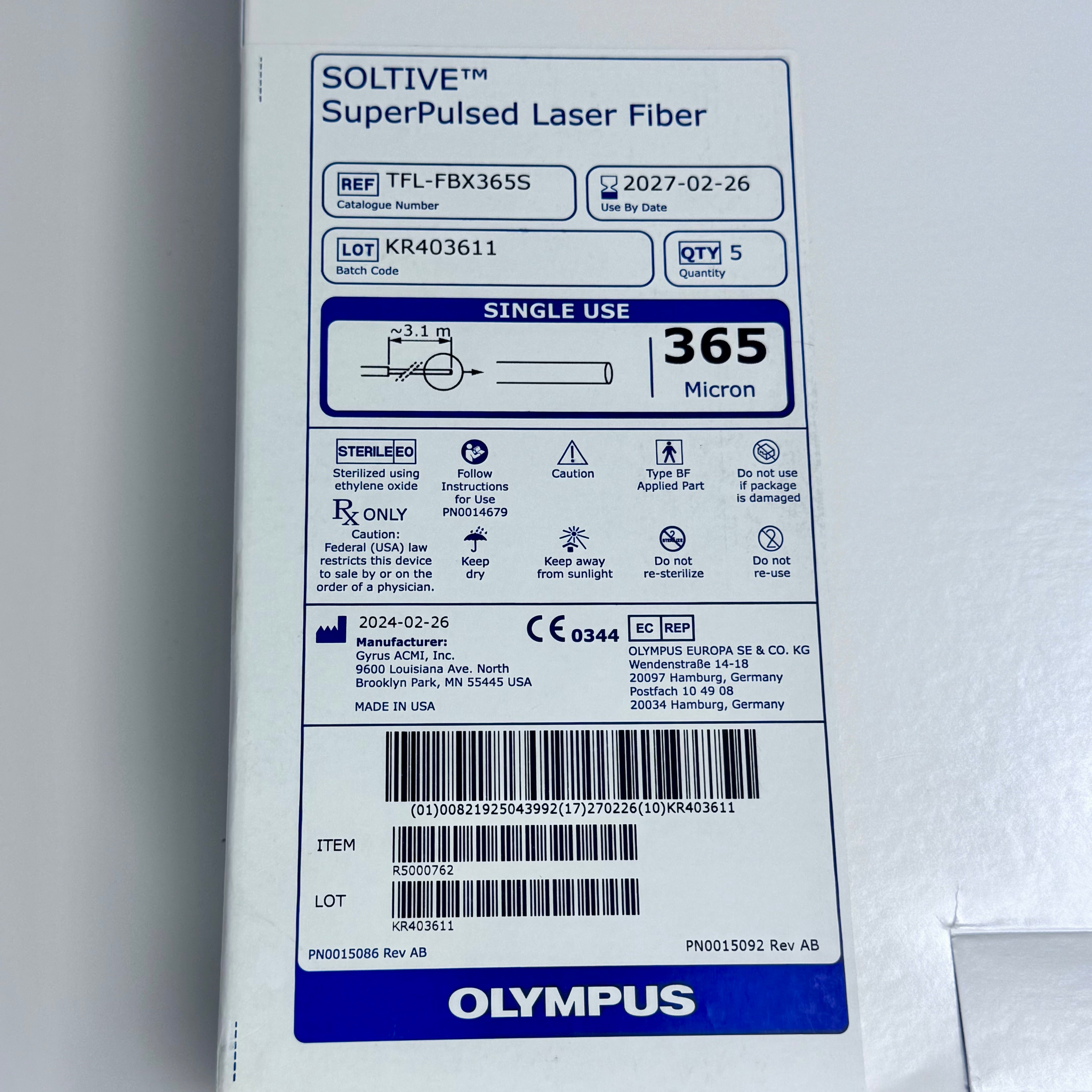 Olympus TFL-FBX365S | 365 Micron SOLTIVE Thulium Fiber Laser Fiber