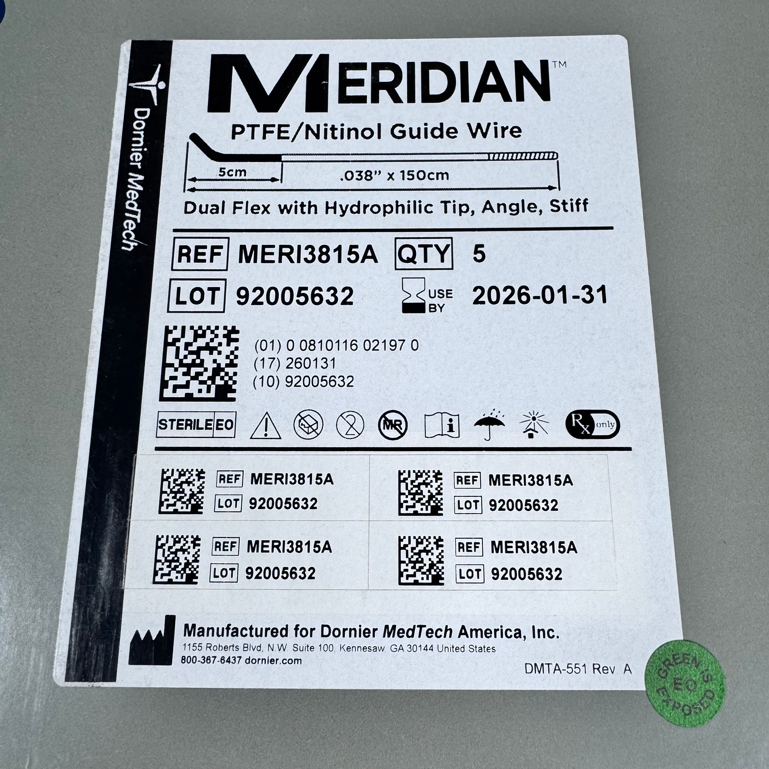Dornier MERI3815A | Meridian .038 Hybrid PTFE/Nitinol Guidewire 5/Box