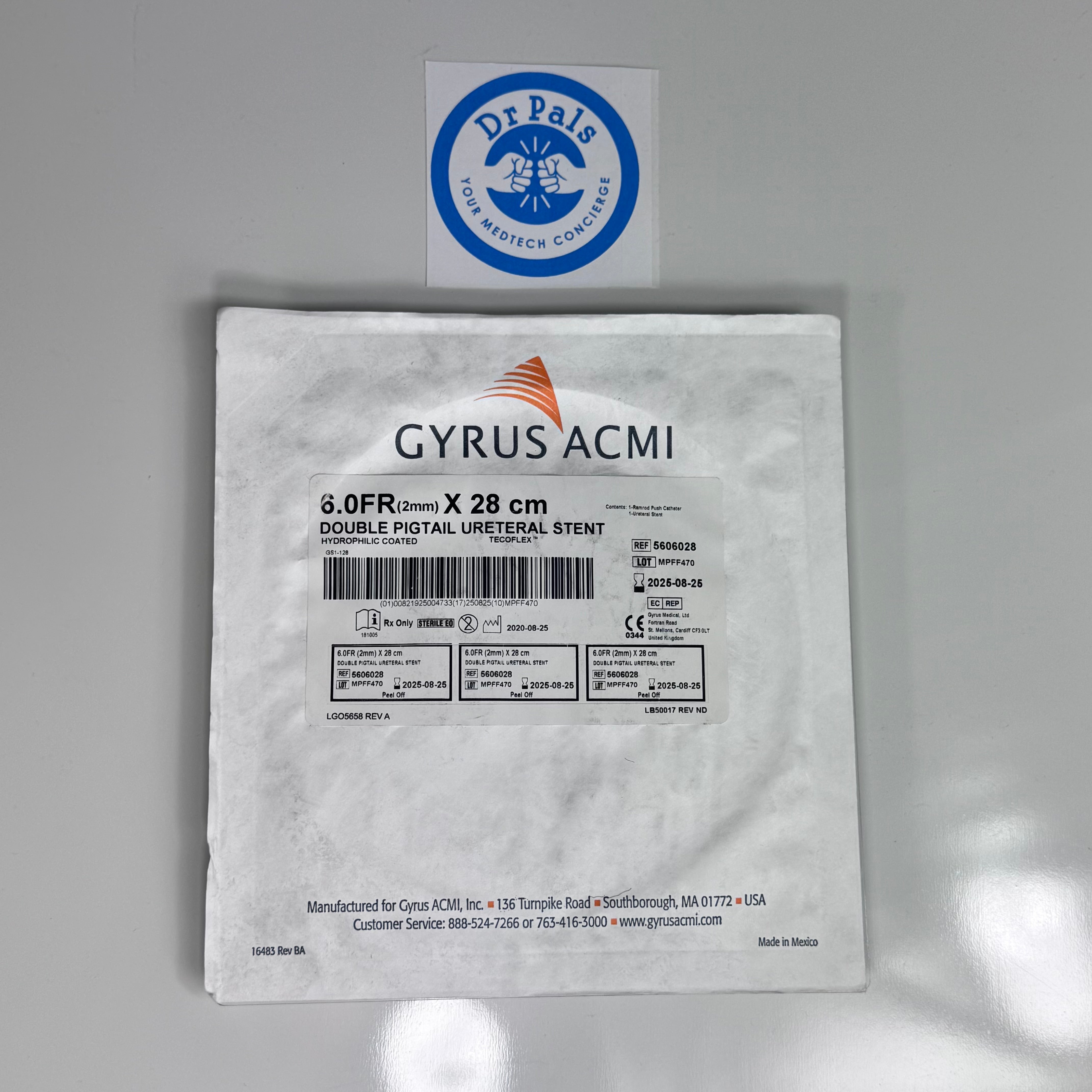 Olympus Gyrus ACMI 5606028 | Double Pigtail Ureteral Stent, Hydrophilic Coated, 6.0F x 28cm