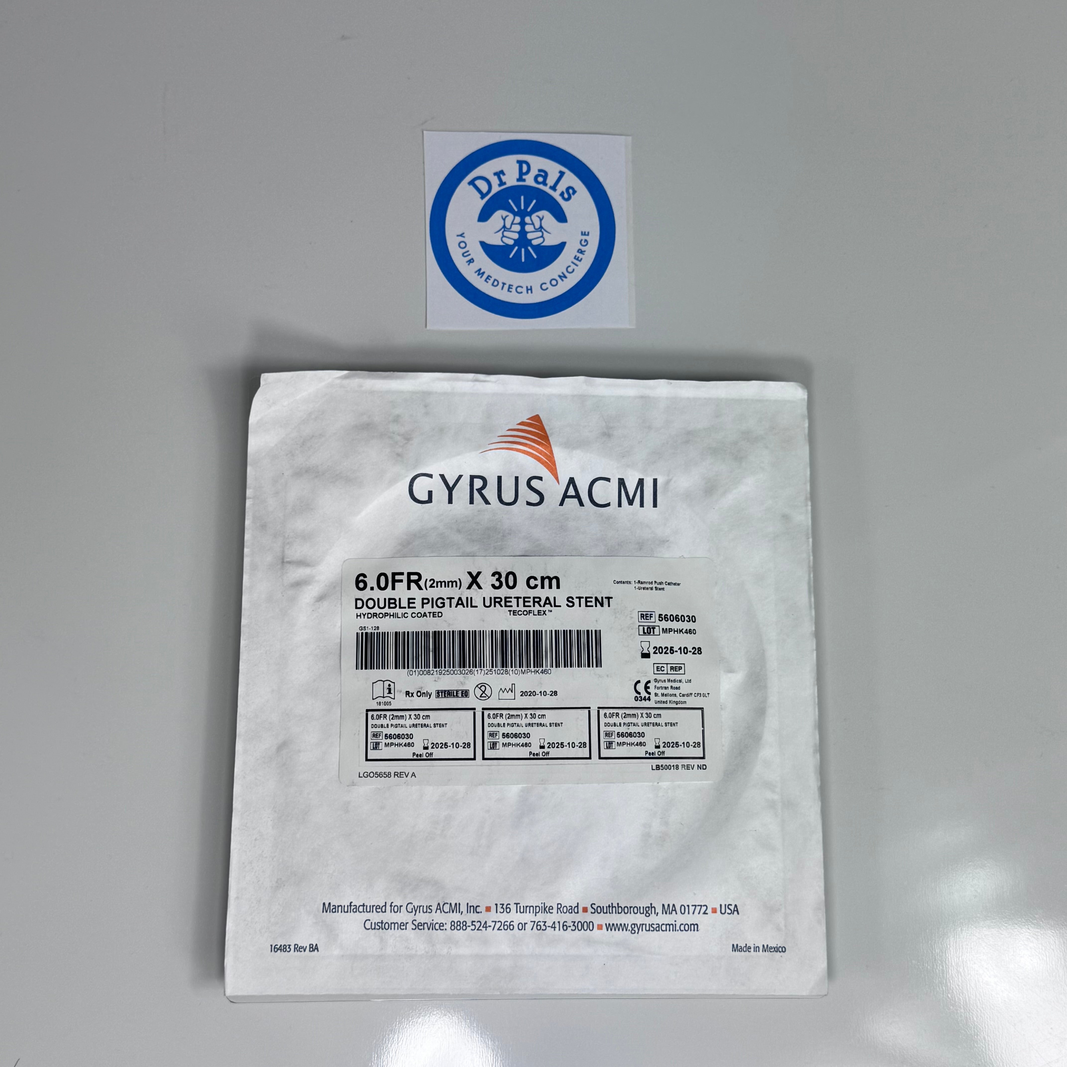 Olympus Gyrus ACMI 5606030 | Double Pigtail Ureteral Stent, 6 Fr x 30 cm, Tecoflex, Hydrophilic Coated