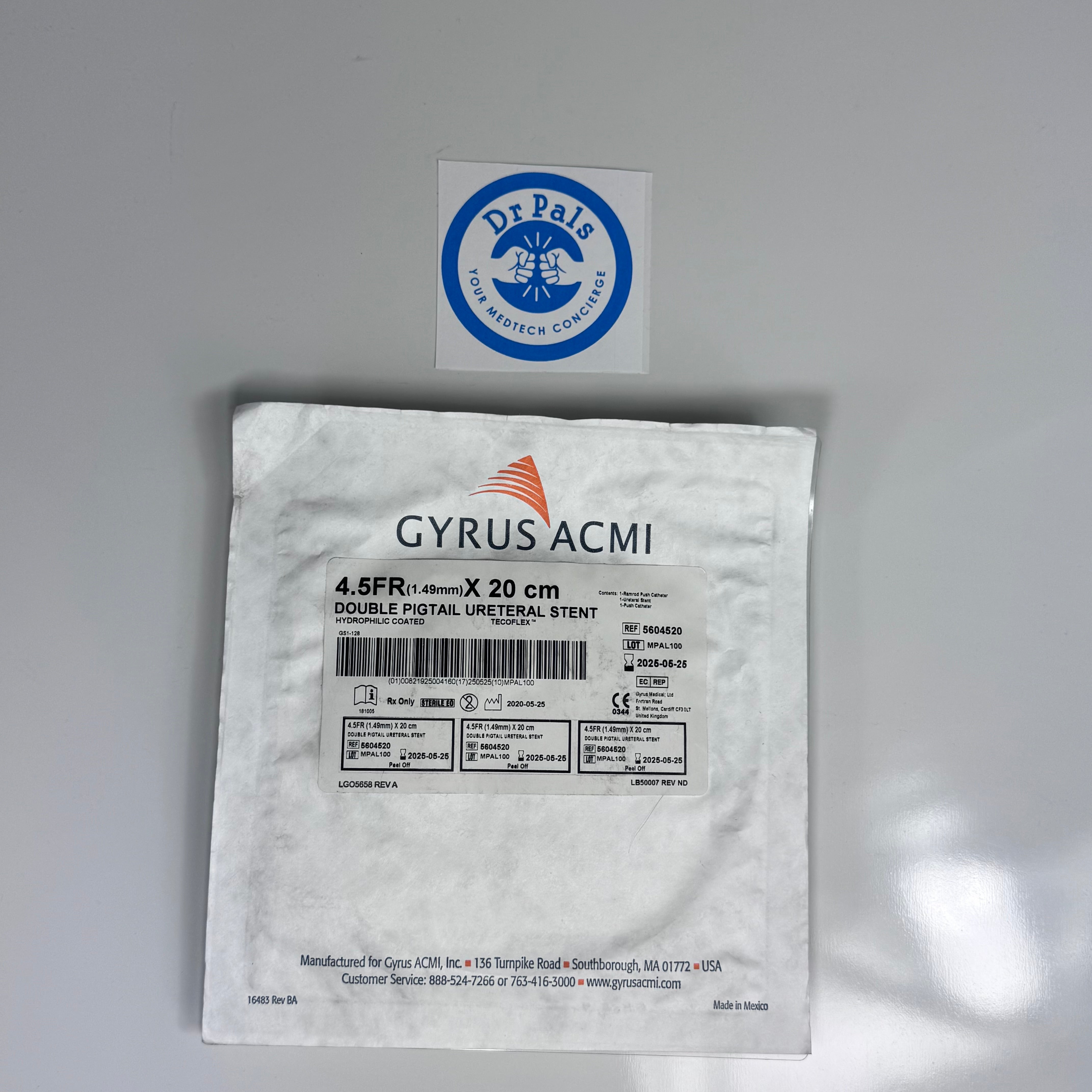 Olympus Gyrus ACMI 5604520 | Classic Double Pigtail Ureteral Stent, 4.5 Fr x 20 cm, Hydrophilic Coated