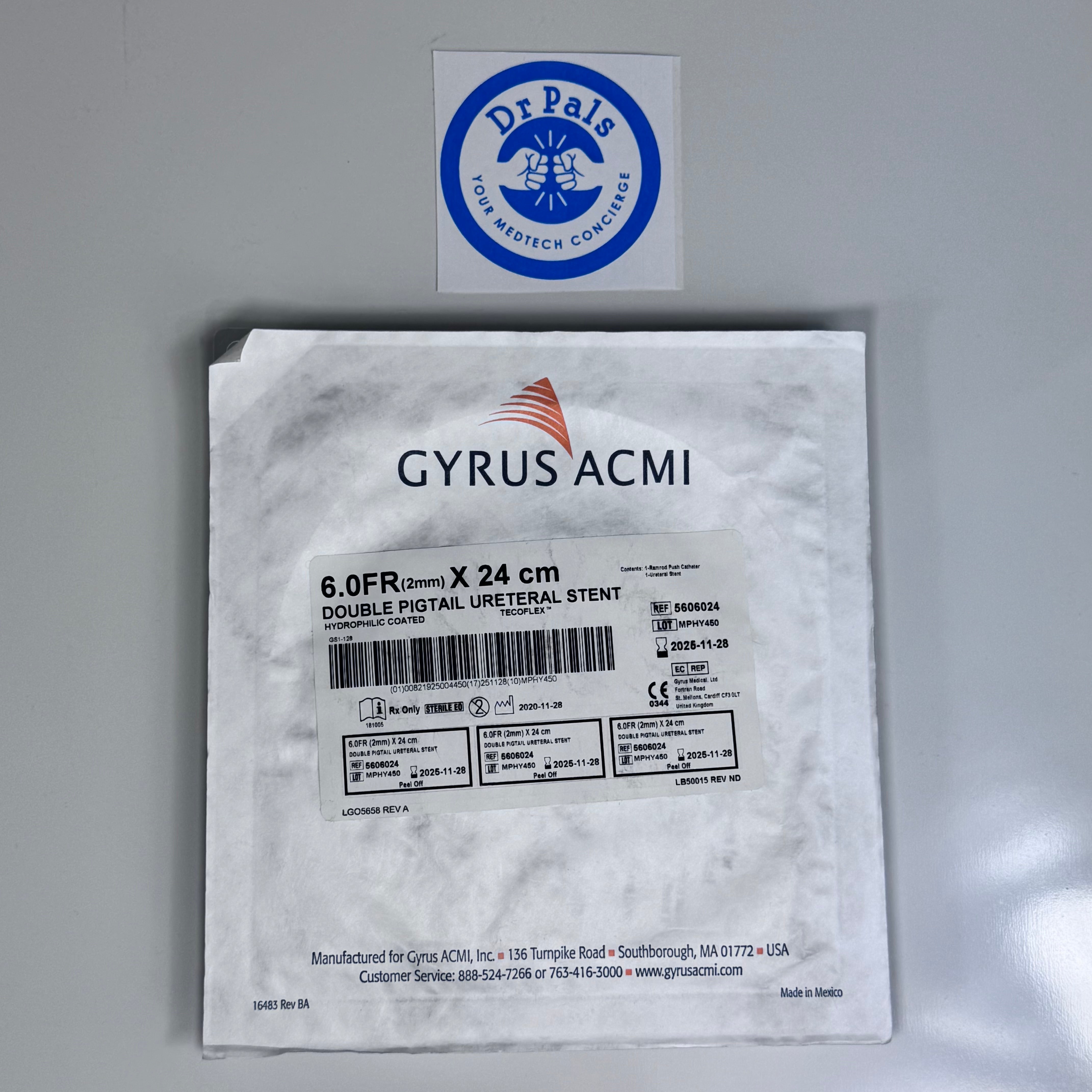 Olympus Gyrus ACMI 5606024 | Double Pigtail Ureteral Stent, Hydrophilic Coated, 6 Fr x 24 cm