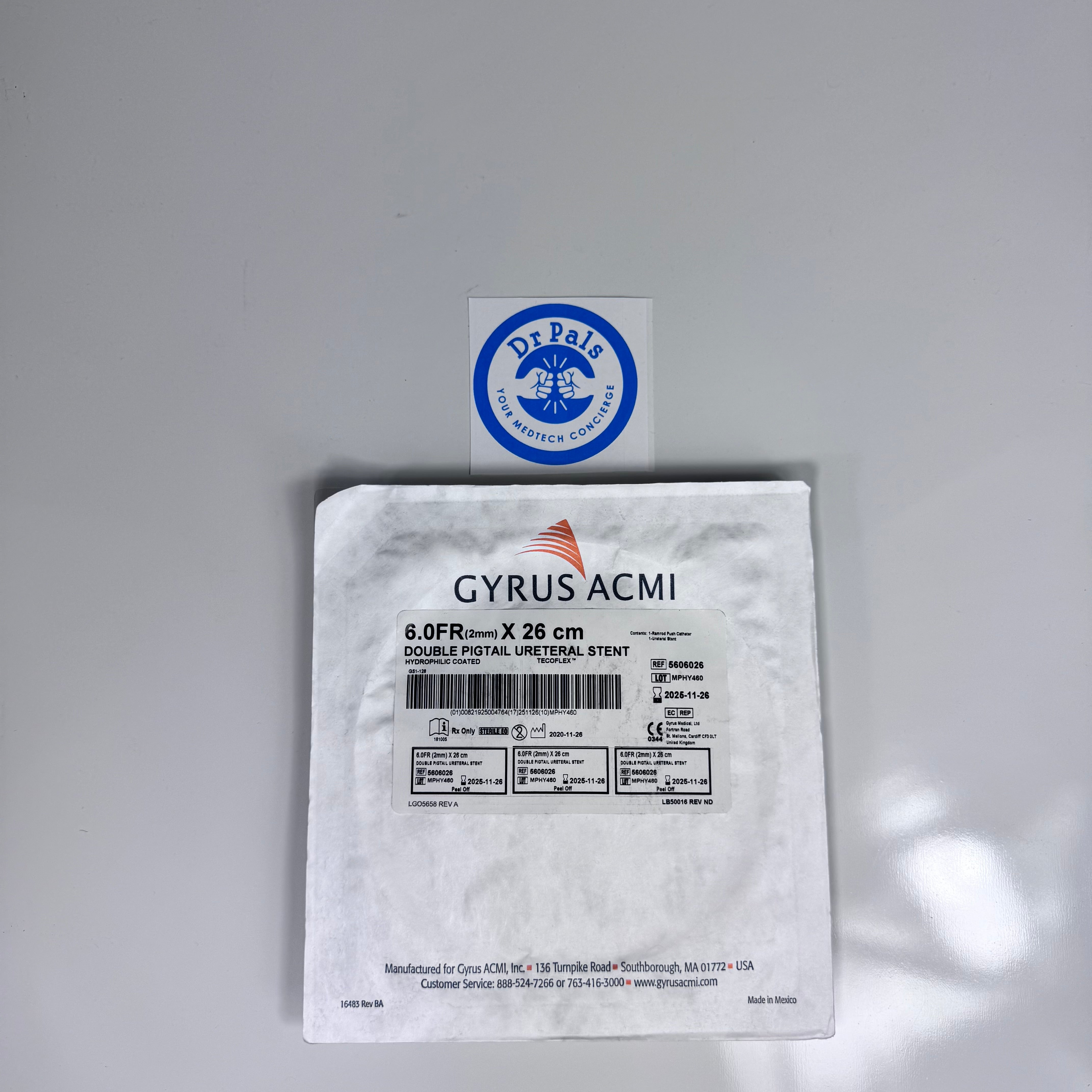 Olympus Gyrus ACMI 5606026 | Double Pigtail Ureteral Stent, Hydrophilic Coated, 6 Fr x 26 cm