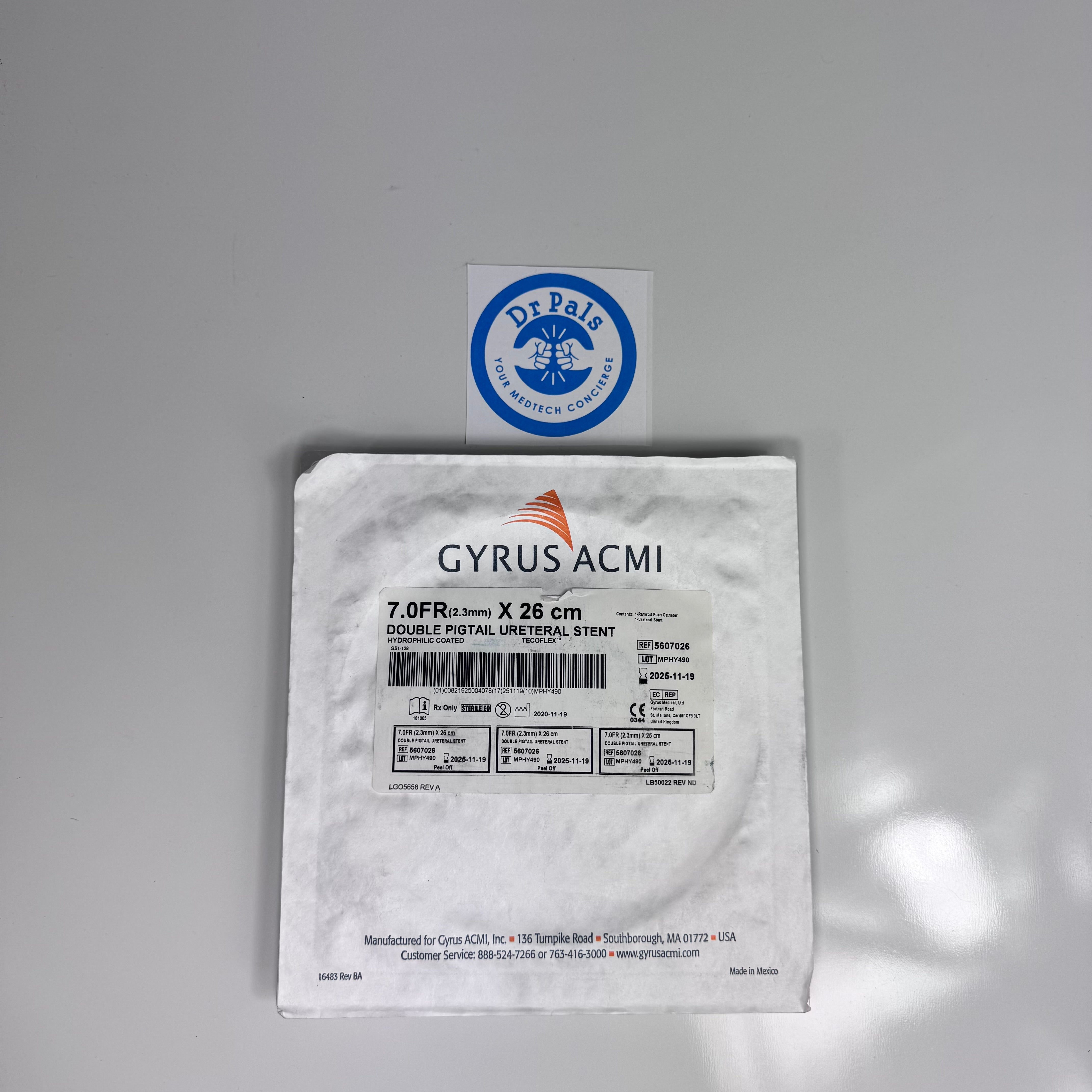Olympus Gyrus ACMI 5607026 | Double Pigtail Ureteral Stent, Hydrophilic Coated, 7 Fr x 26 cm