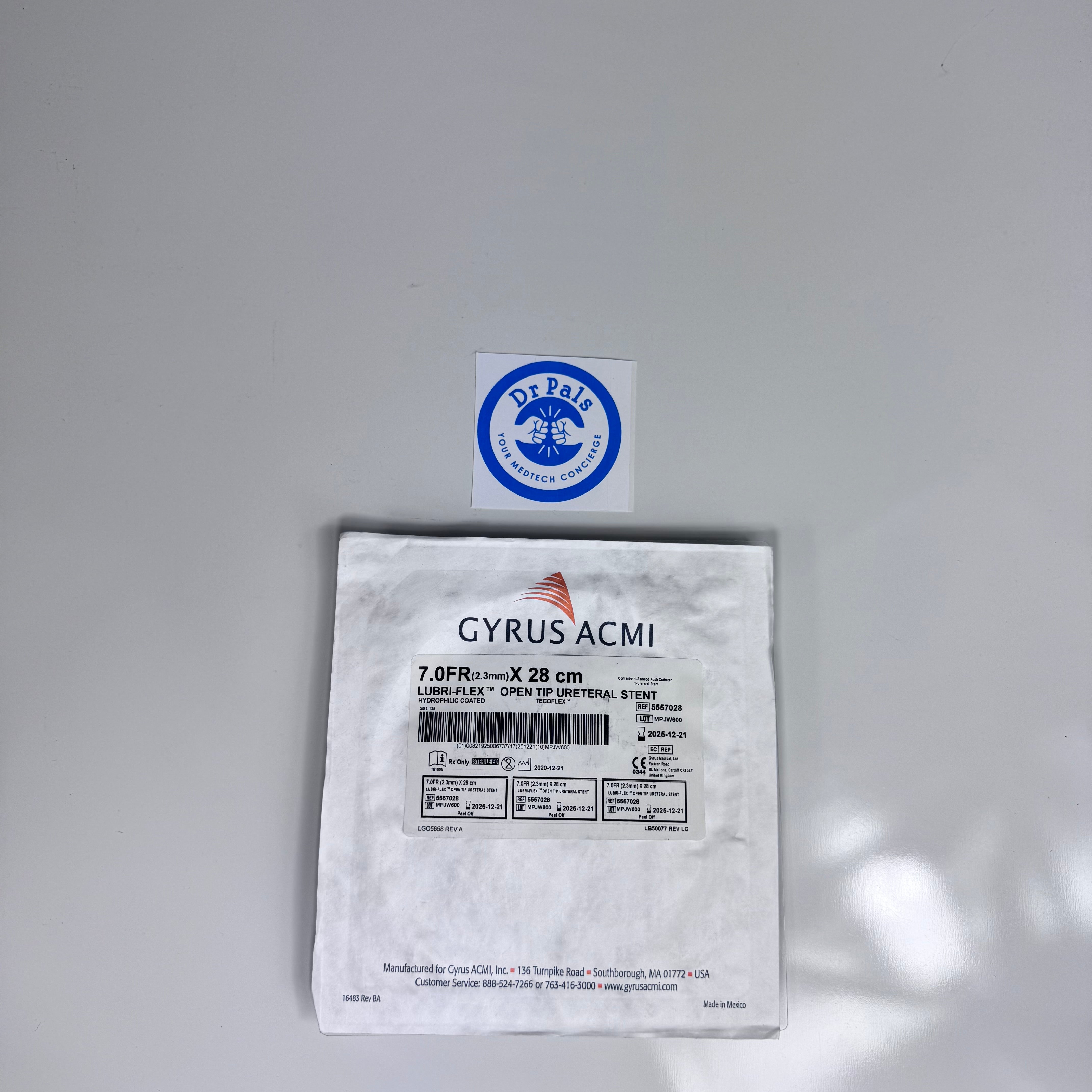 Olympus Gyrus ACMI 5557028 | Lubri-Flex Double Pigtail Ureteral Stent, Hydrophilic Coated, 7 Fr x 28 cm