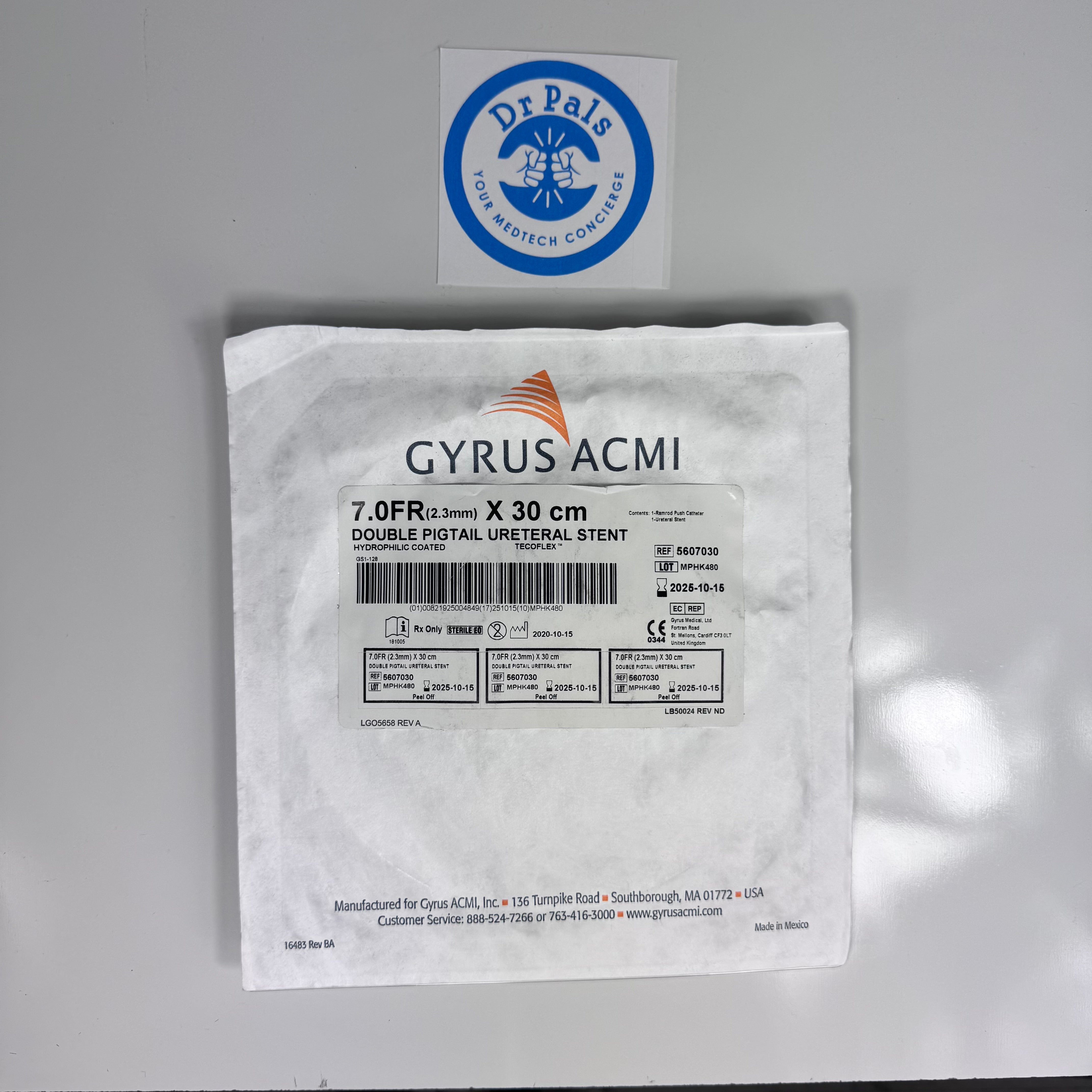 Olympus Gyrus ACMI 5607030 | Double Pigtail Ureteral Stent, Hydrophilic Coated, 7 Fr x 30 cm