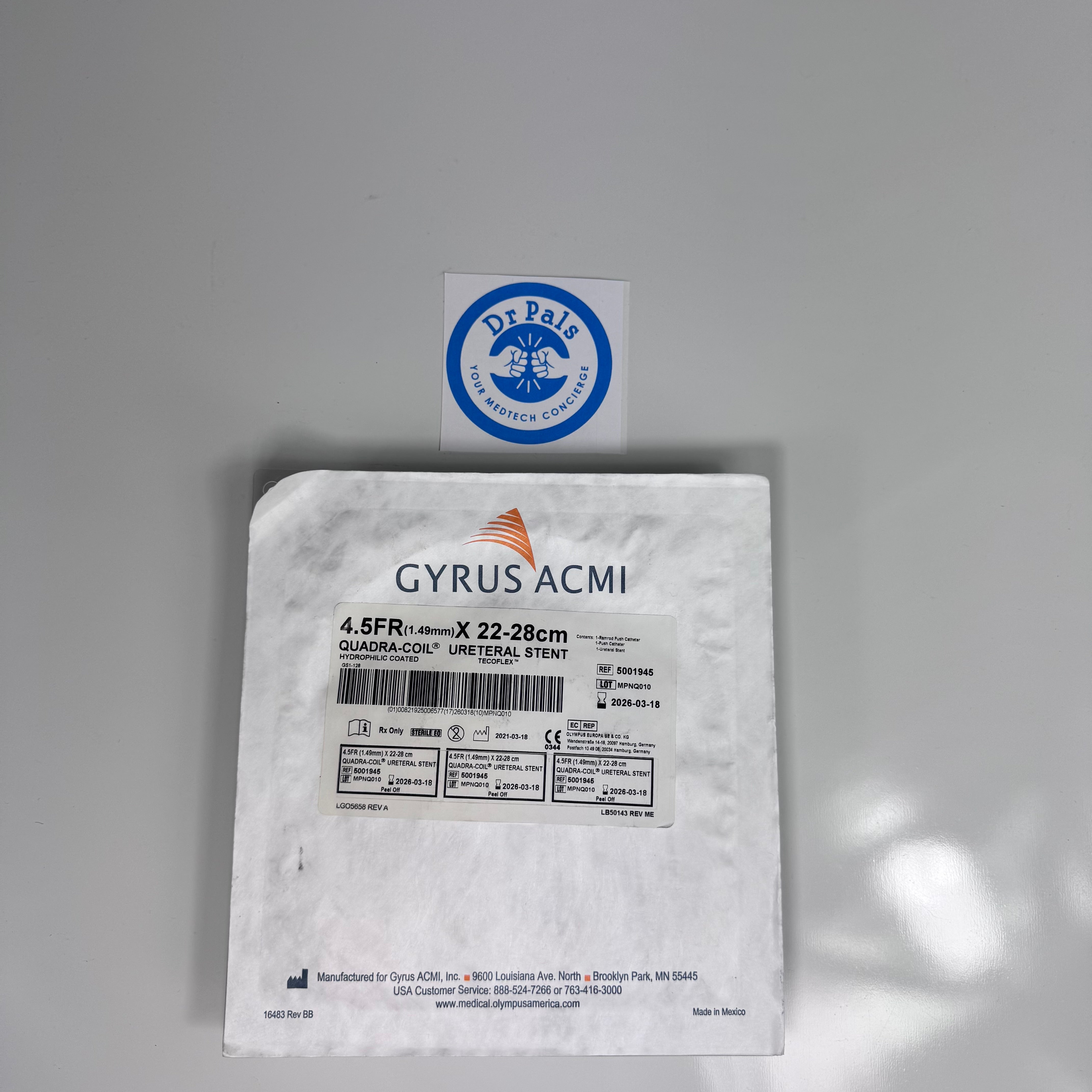 Olympus Gyrus ACMI 5001945 | Quadra-Coil Double Pigtail Ureteral Stent, Hydrophilic Coated, 4.5 Fr x 22–28 cm