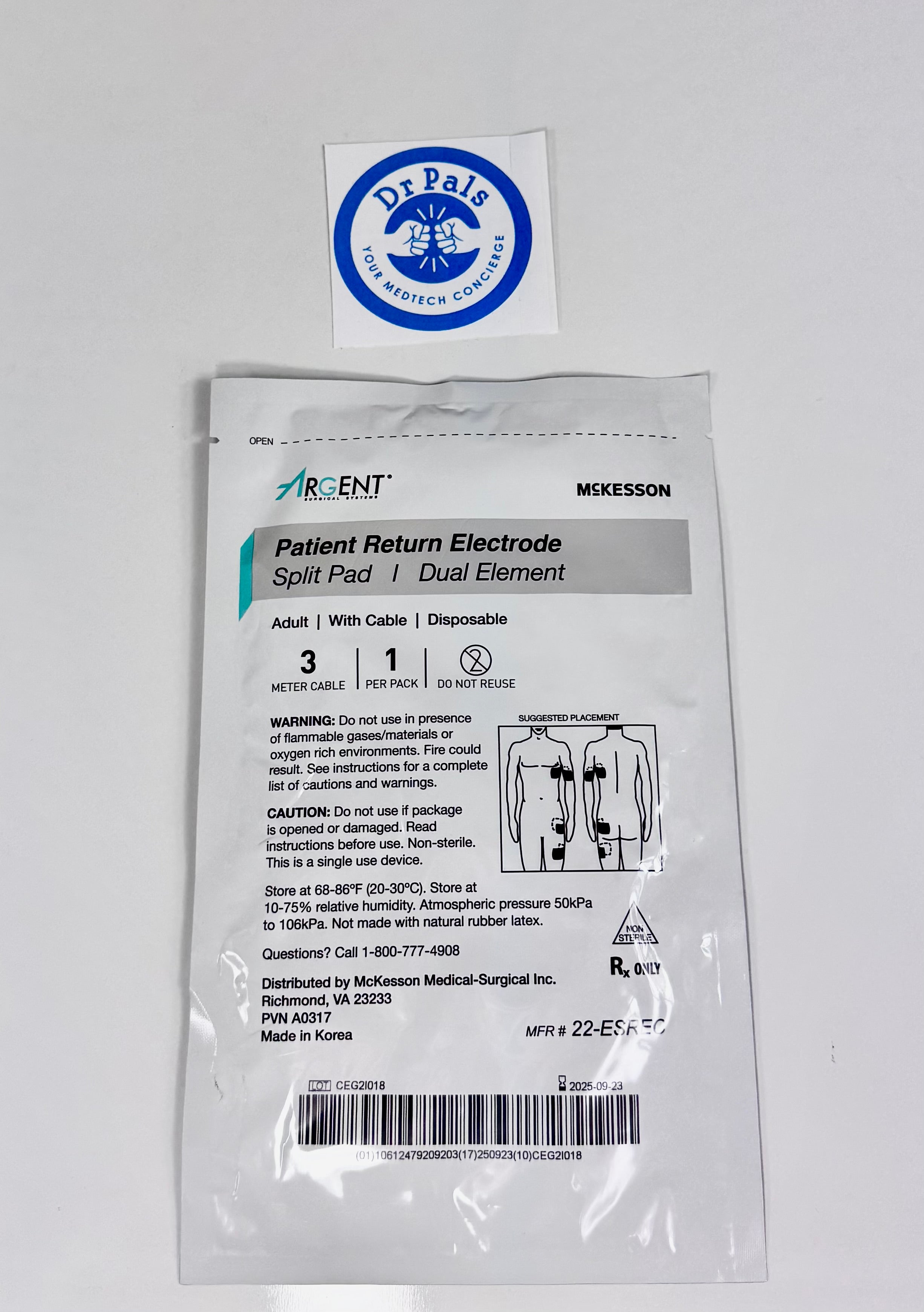McKesson Argent Patient Return Electrode 22-ESREC | Split Pad Dual Element 31/ Box