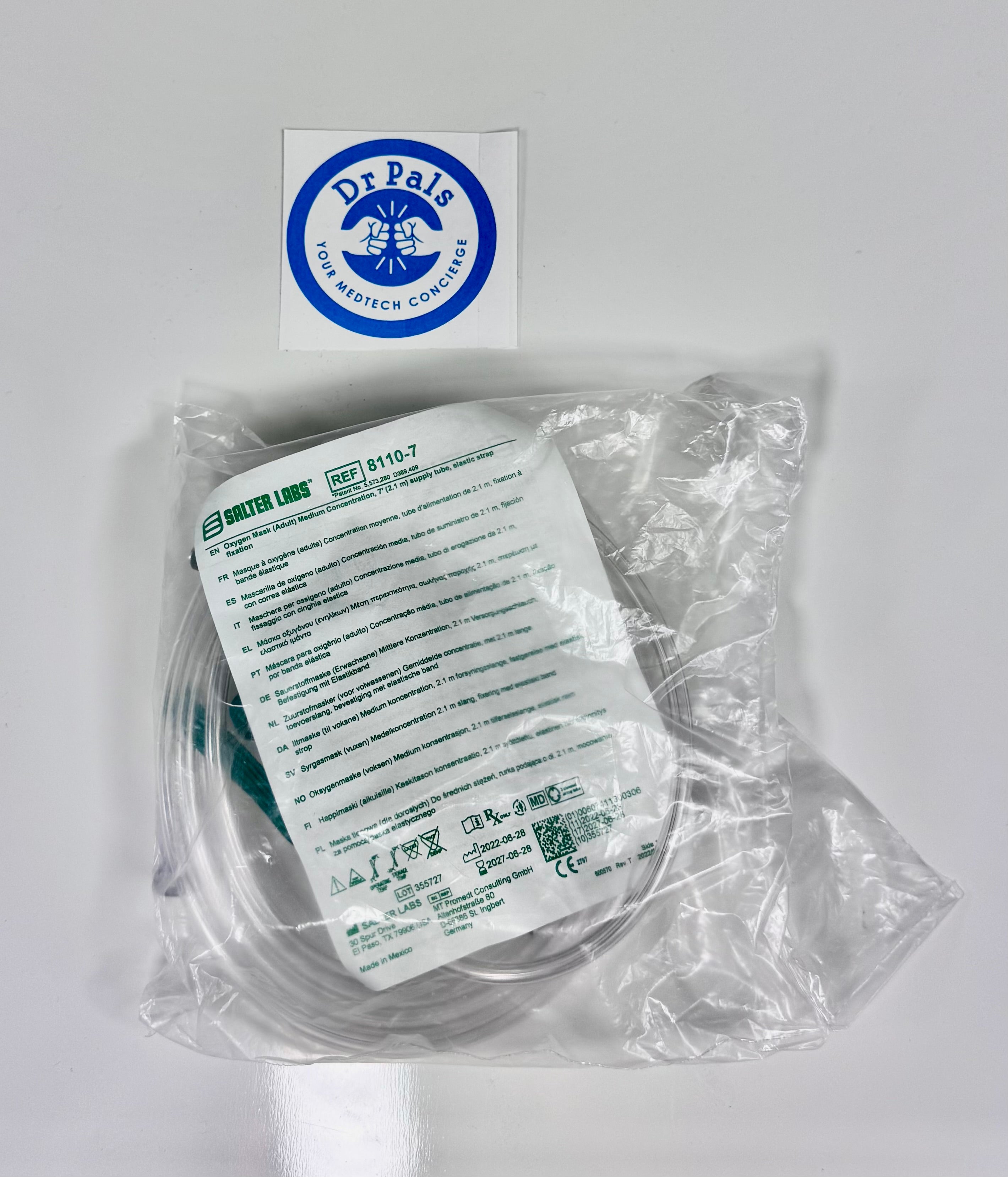 Salter Labs Oxygen Mask 8110-7 | Adult Elongated Medium Concentration 7' Tubing 2/Box