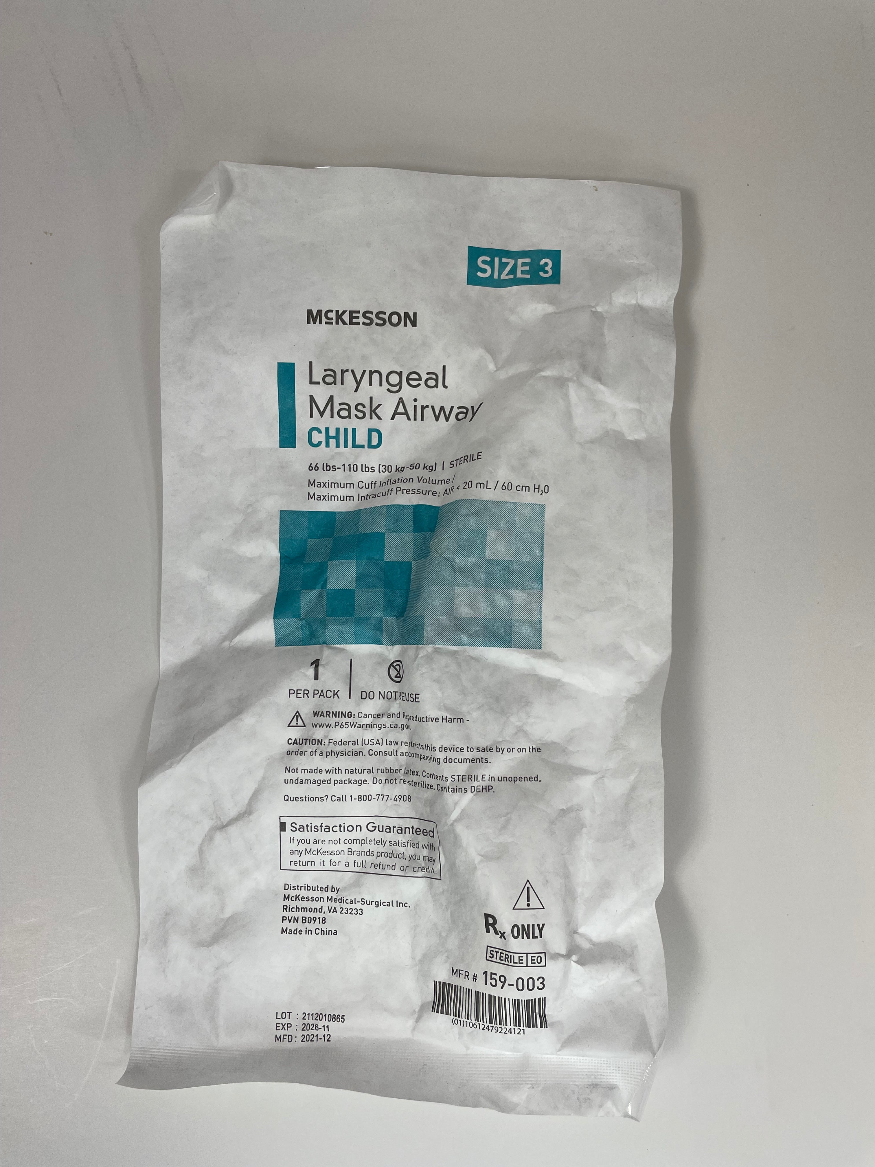 McKesson 159-003 Size 3 Child Laryngeal Mask Airway | Single Use BOX OF 8