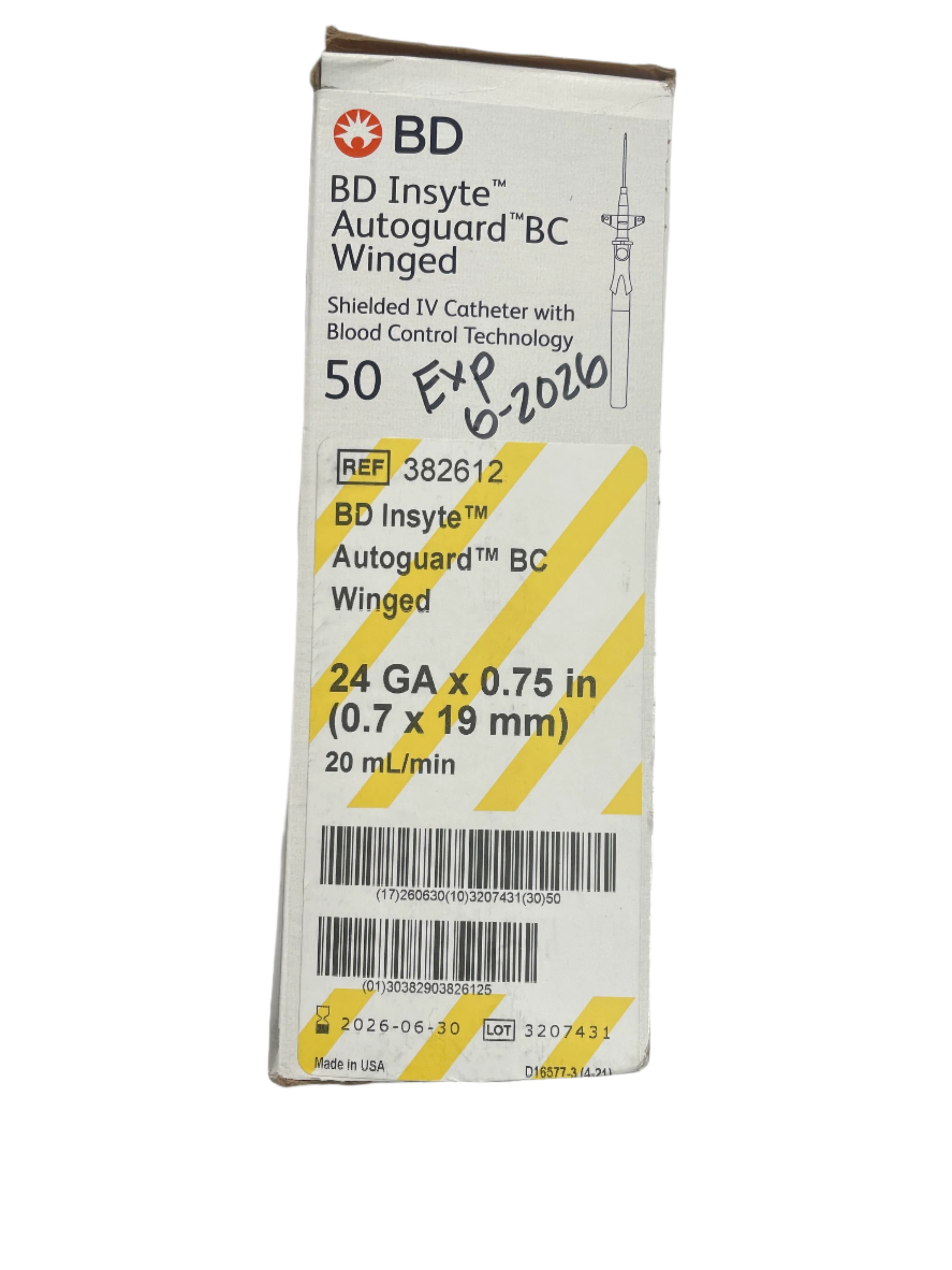 BD Insyte Autoguard BC Shielded IV Catheter | 24G x 0.75” Yellow |Box of 22 | In Date