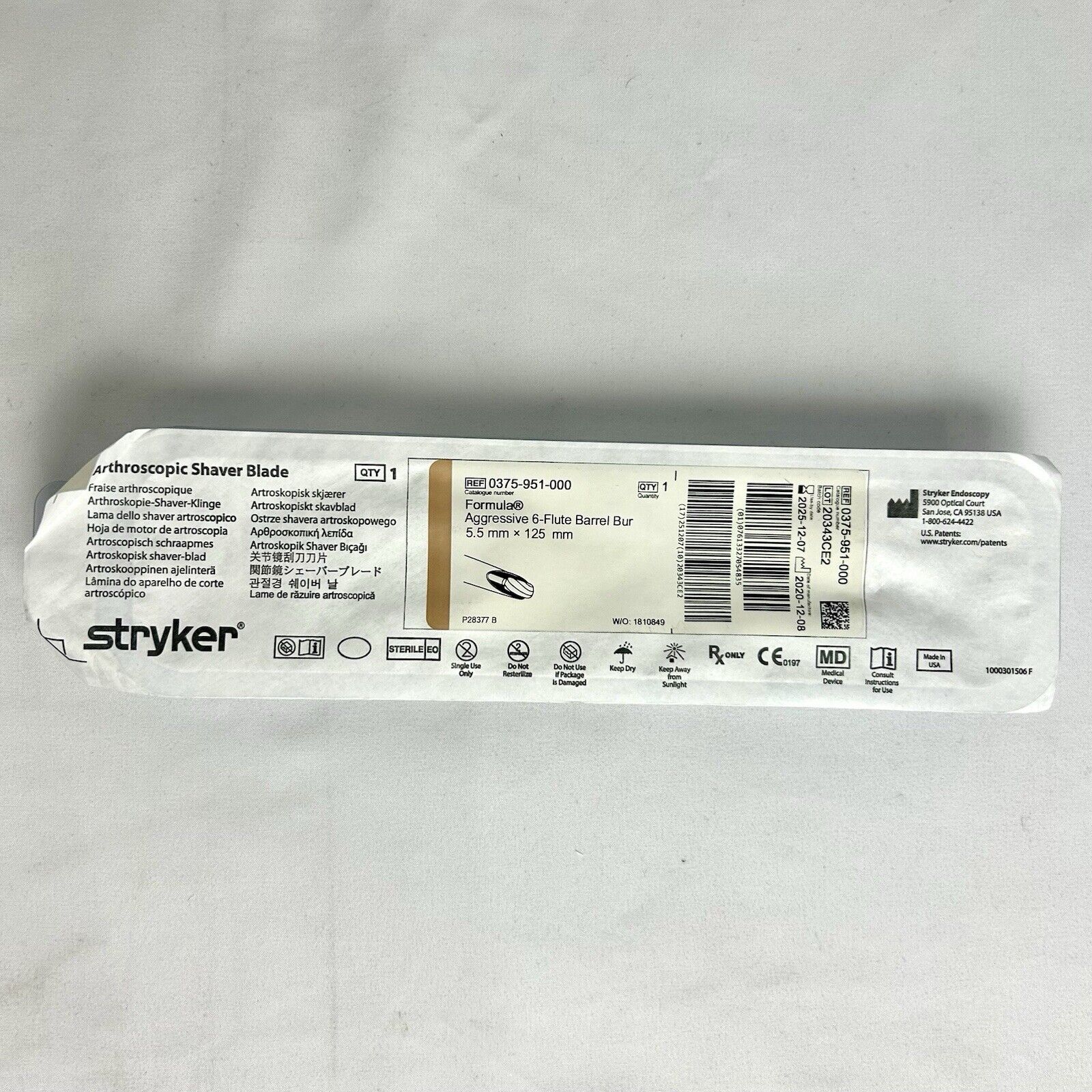 Stryker 0375-951-000 Formula Arthroscopic Shaver Blade 5.5 mm x 125 mm Sterile