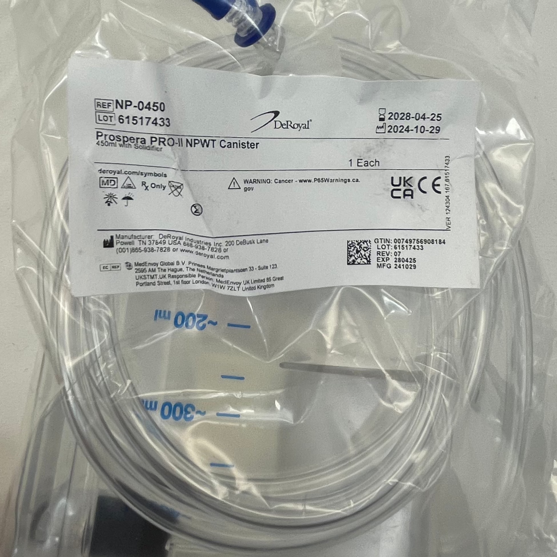 DeRoyal NP-0450 NPWT Canister 450cc Solidifier for Prospera PRO-II - 1 Each