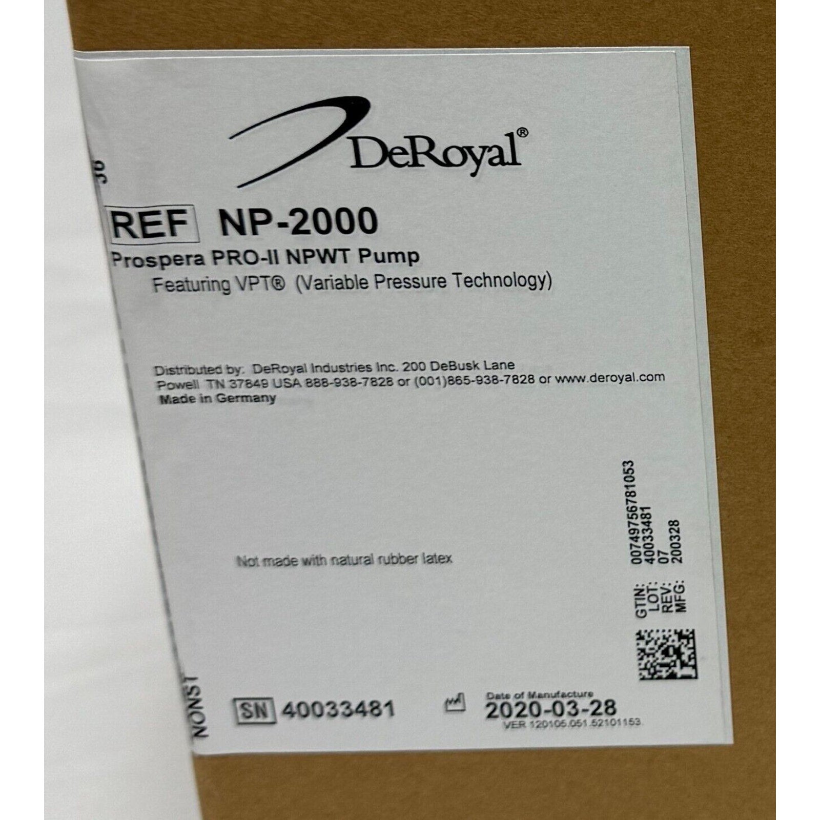 New Prospera 2 DeRoyal NP-2000 Negative Pressure Wound Therapy - Aspiration Pump