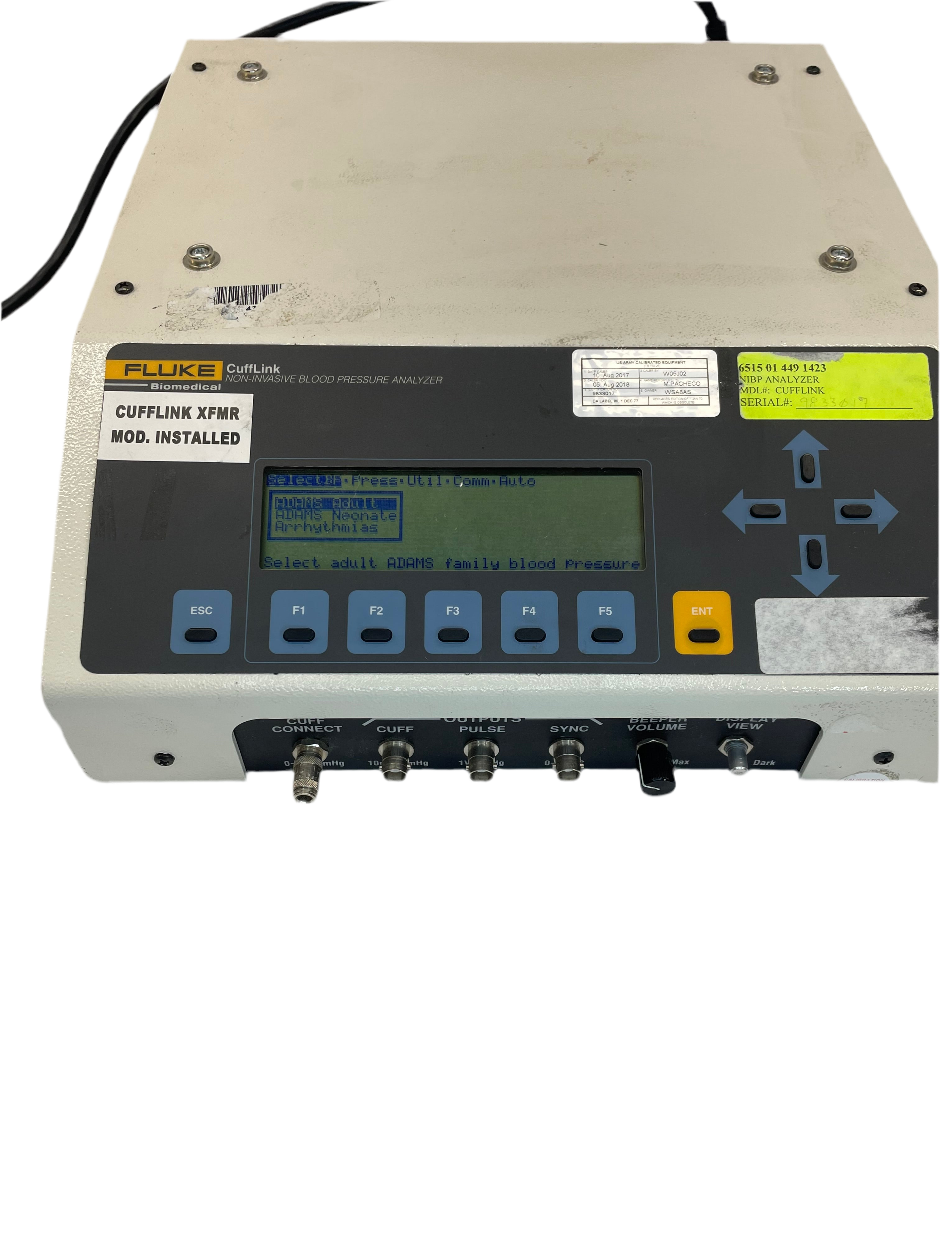 Fluke Biomedical Cufflink NIBP Analyzer; Cufflink XFMR Mod. Installed