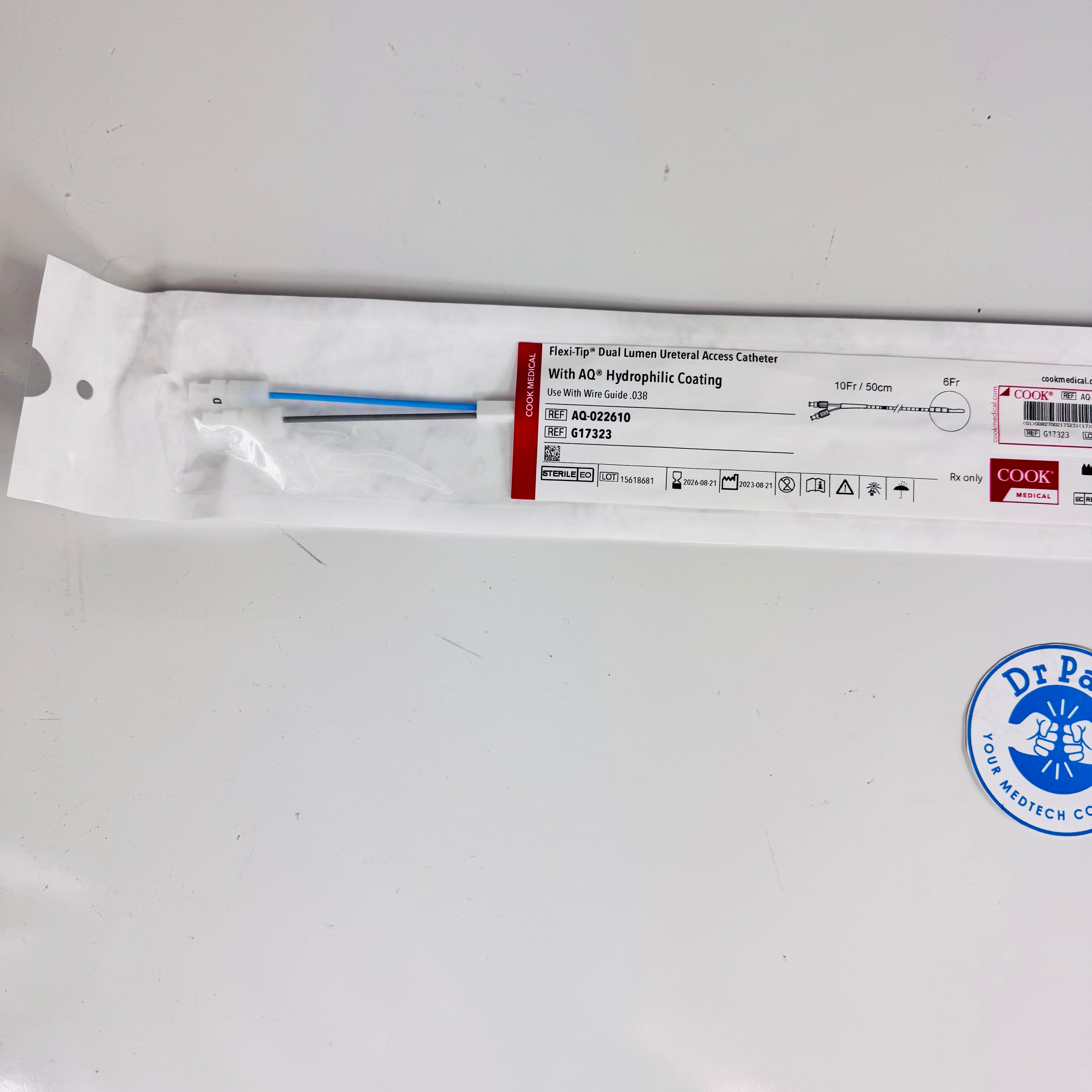 Cook Medical G17323 | 6/10 Fr x 50 cm Flexi‑Tip Dual Lumen Ureteral Access Catheter with AQ Hydrophilic Coating