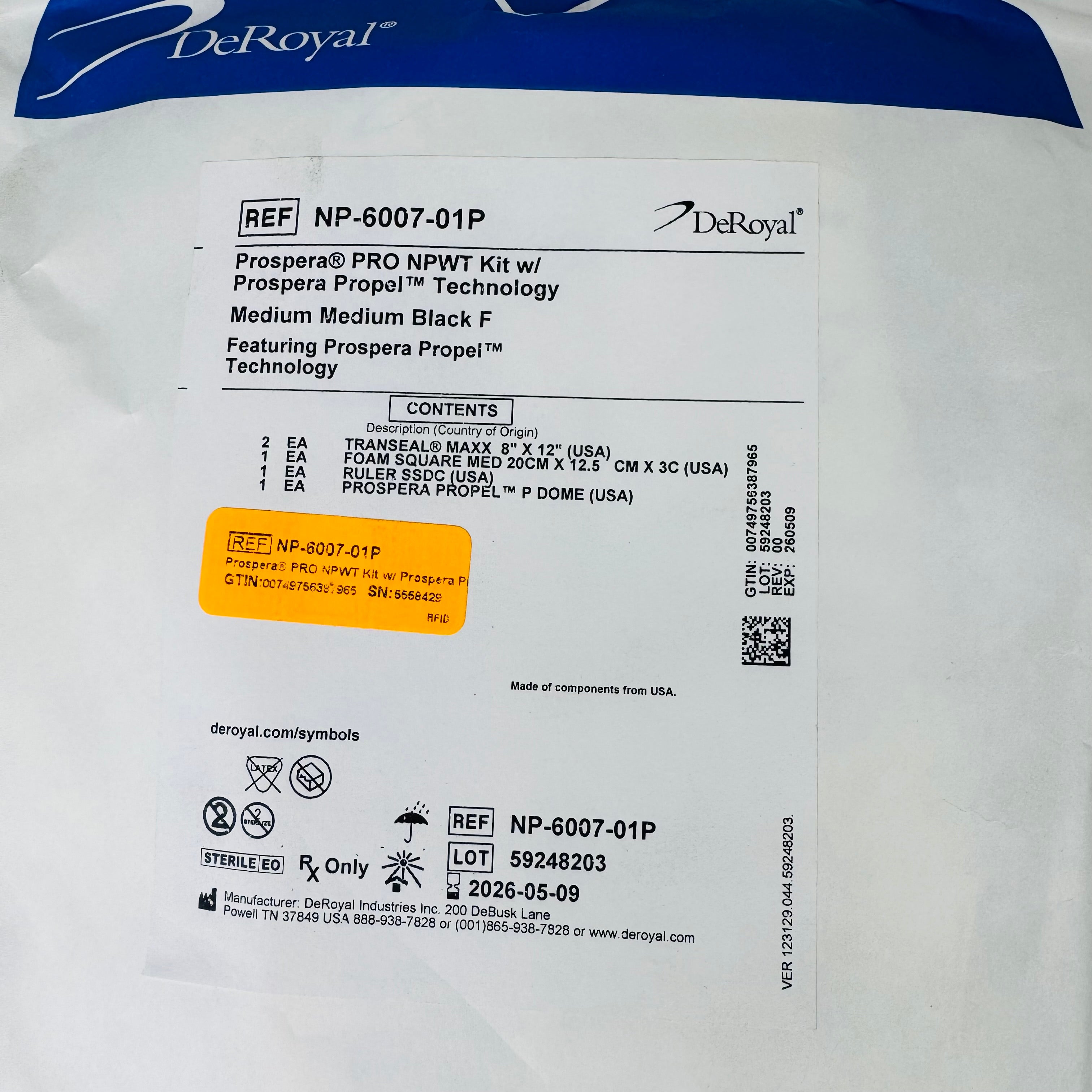 DeRoyal NP-6007-01P | Prospera PRO NPWT Kit – Medium Black Foam Dressing Kit