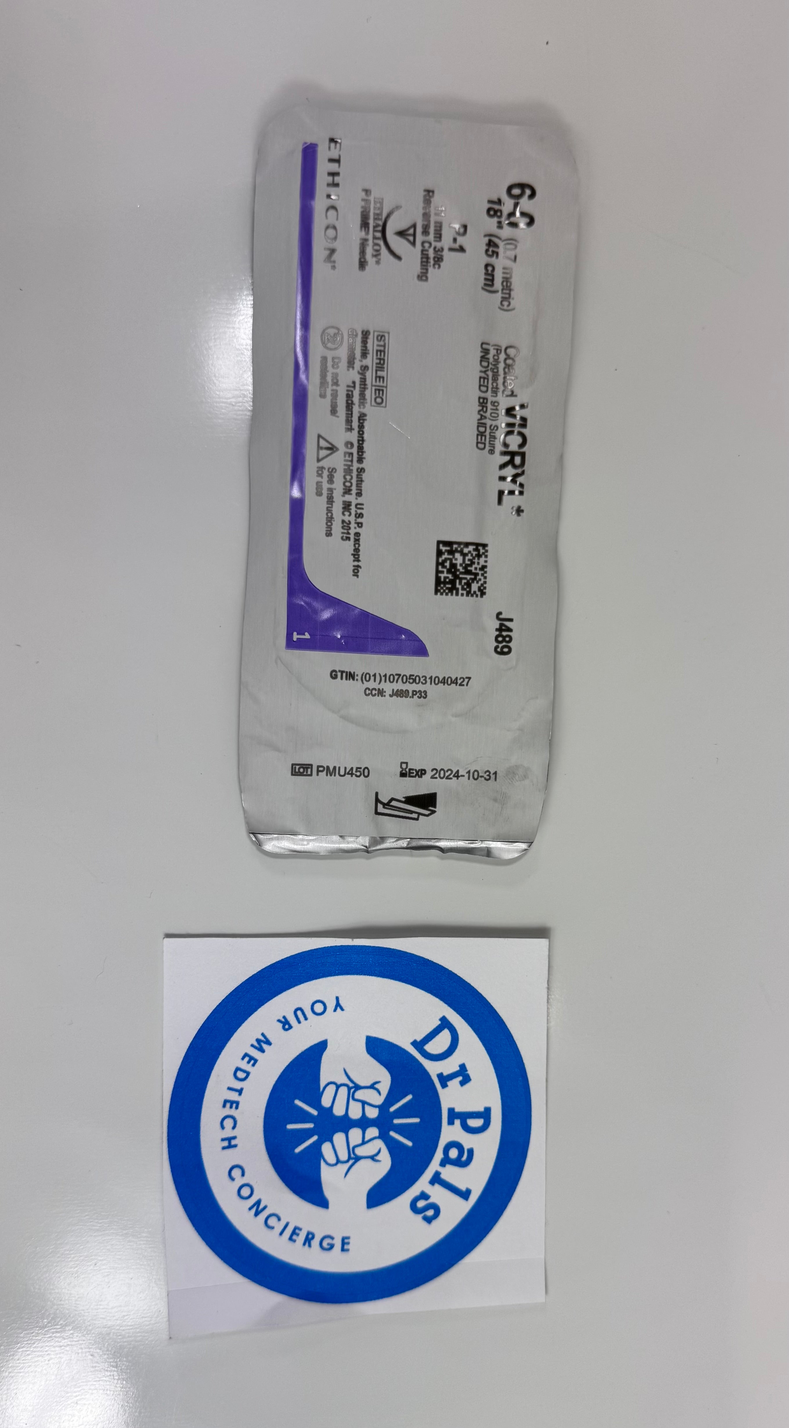 Ethicon J489G Coated Vicryl® (Polyglactin 910) Suture, Undyed Braided, 6-0 12/box